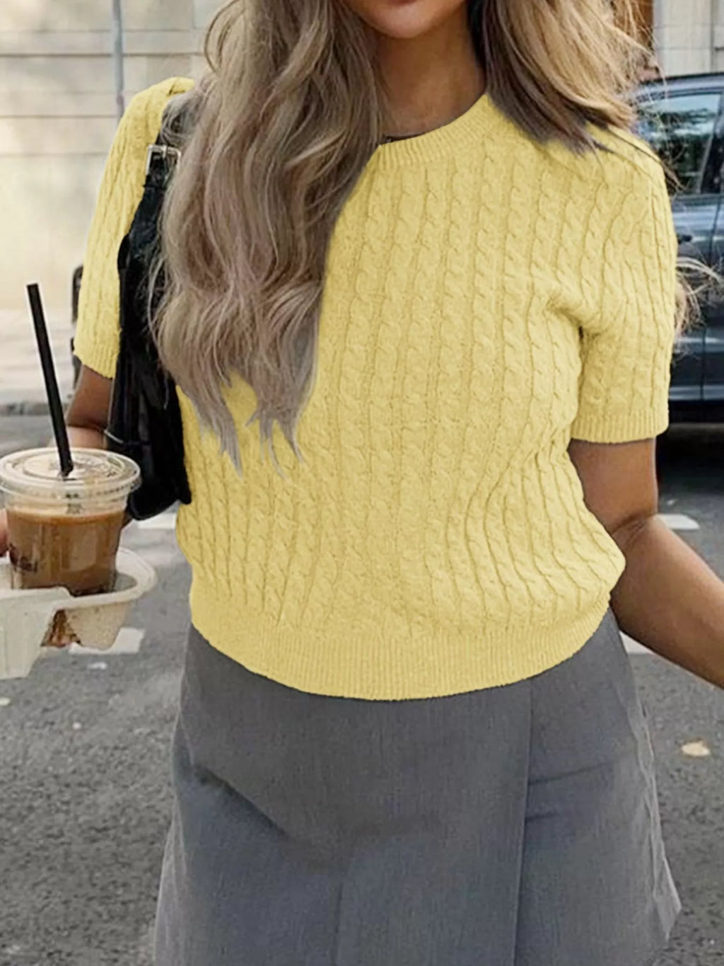 Cable-Knit Short Sleeve Sweater