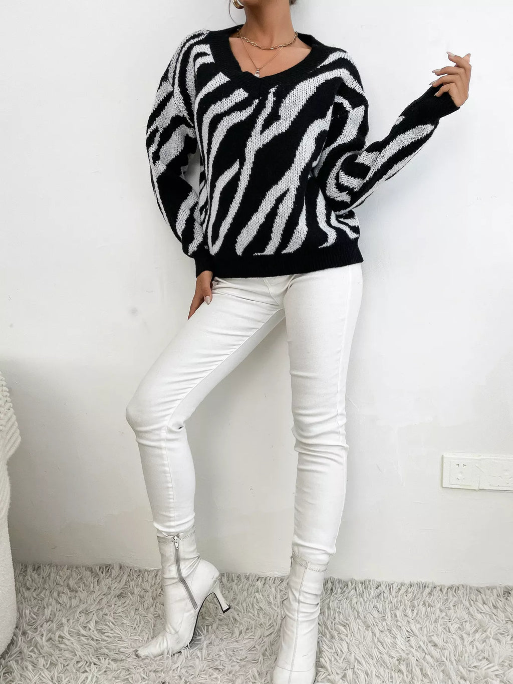 Zebra Print Relaxed Fit Pullover Sweater