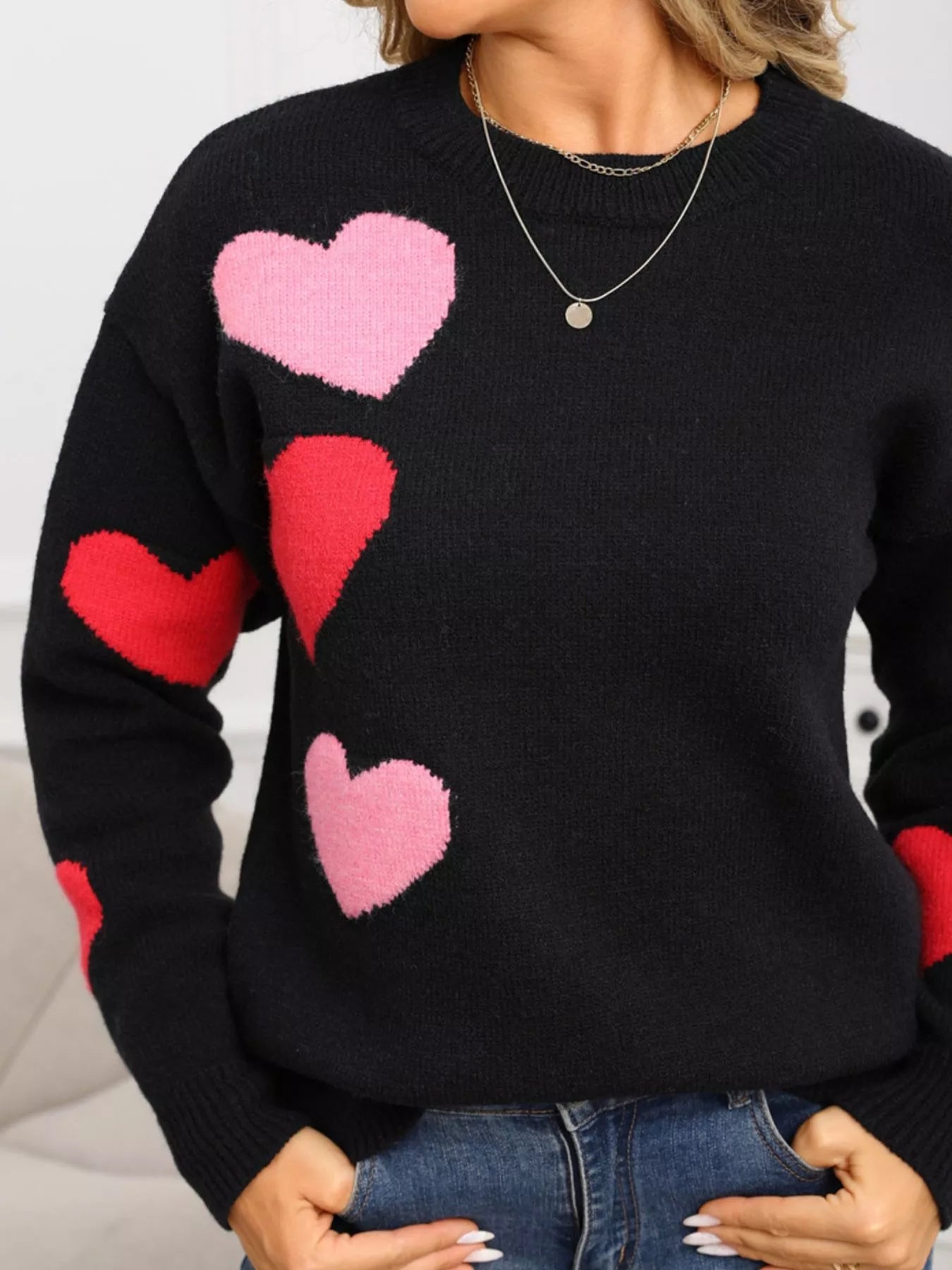 Valentine's Day Heart Pattern Round Neck Sweater