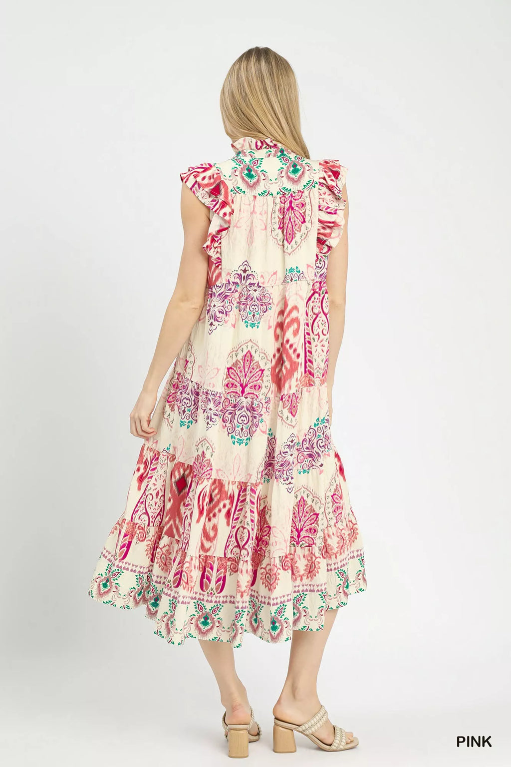 Umgee Boho Boarder Print Ruffle Midi Dress