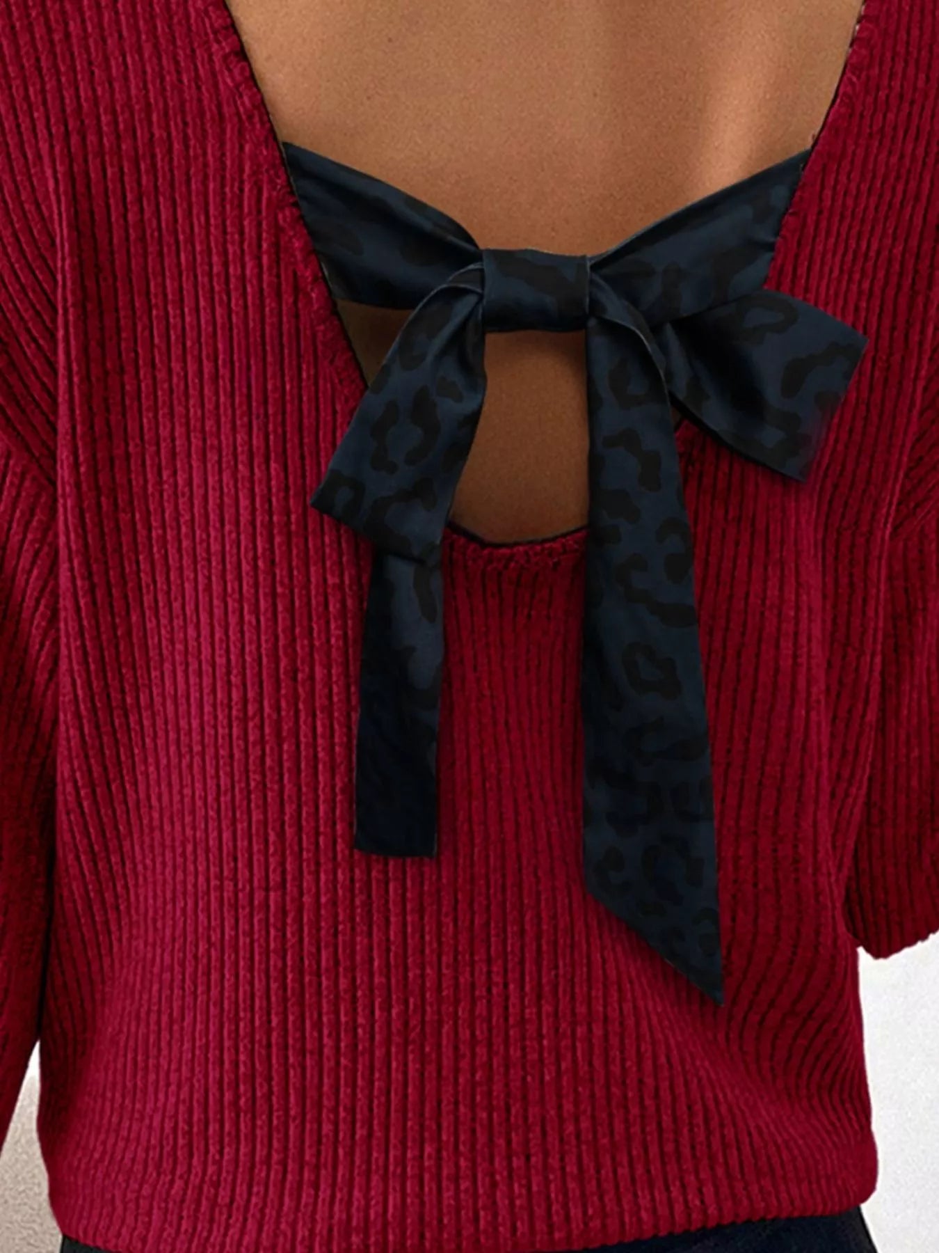 Ribbed V Neck Contrast Ribbon Bow Back Drop Shoulder Long Sleeve Top