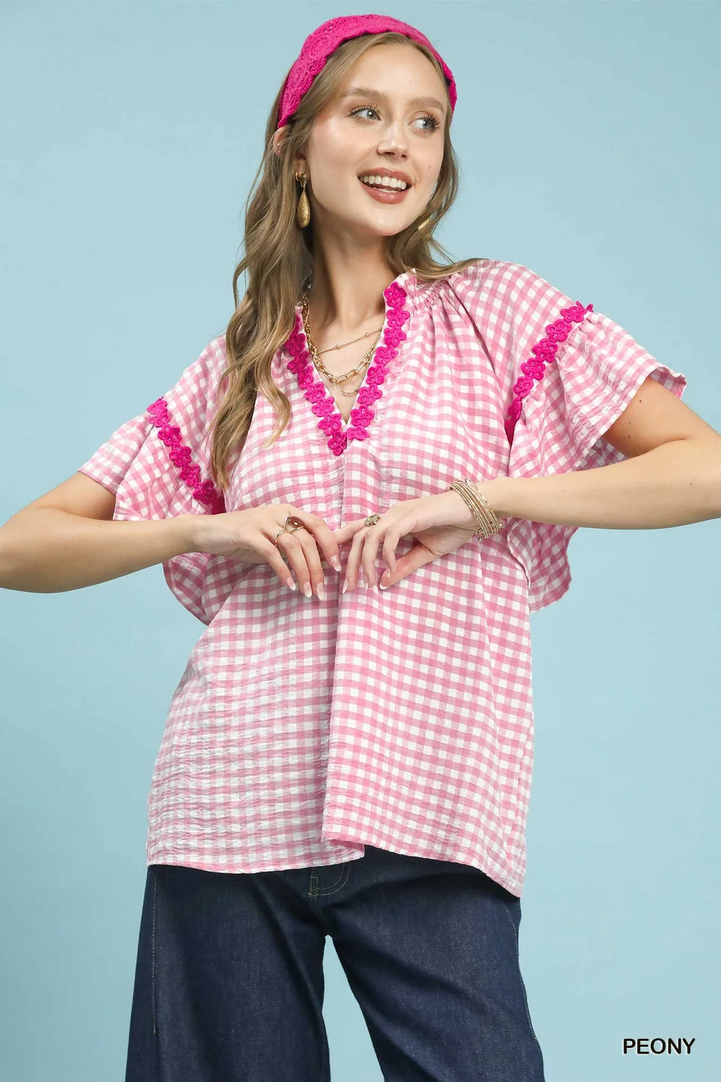 Umgee Gingham Lace Trim Top