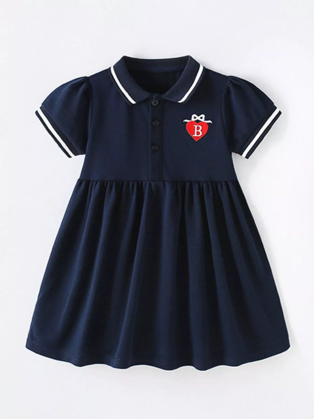 Children's Polo Collar Flared Dress with Heart Embroidery