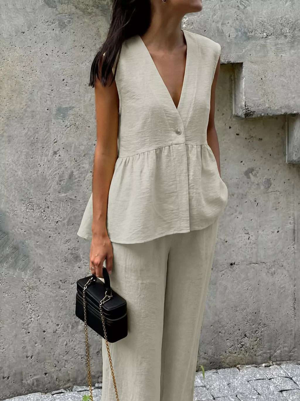 One Button Top and Wide Leg Pants Set