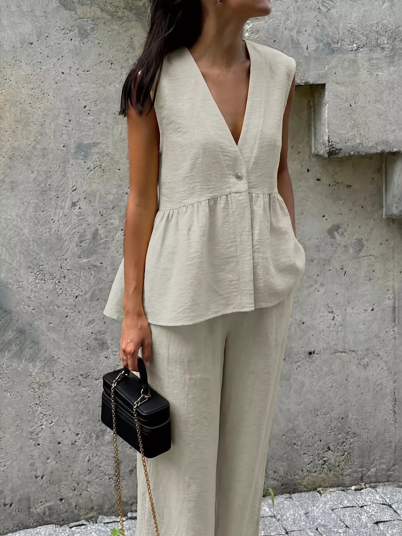 One Button Top and Wide Leg Pants Set