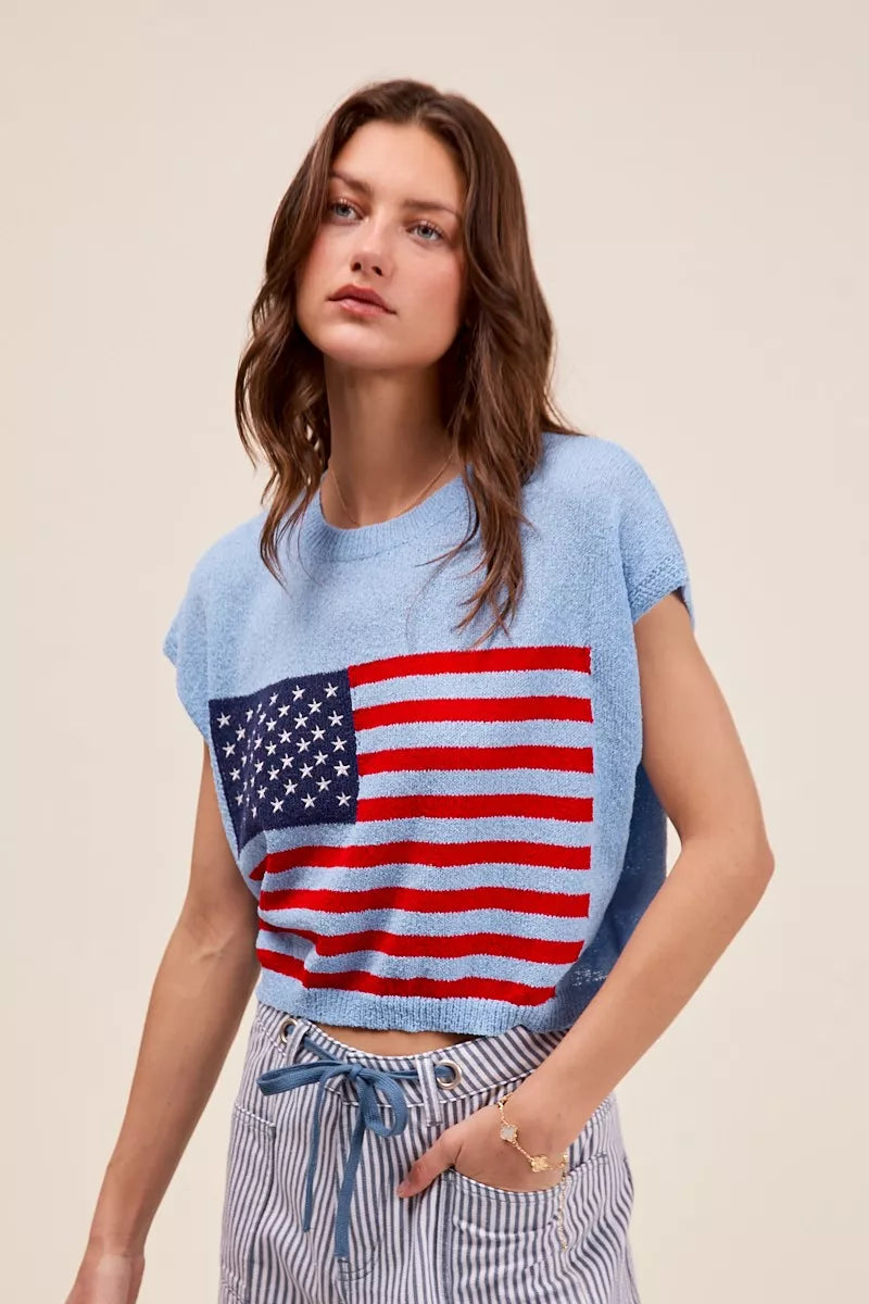 SO ME Fourth Of July American Flag Boxy Fit Sweater Top
