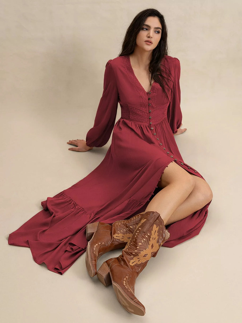 Plus Size V-Neck Balloon Sleeve Maxi Dress