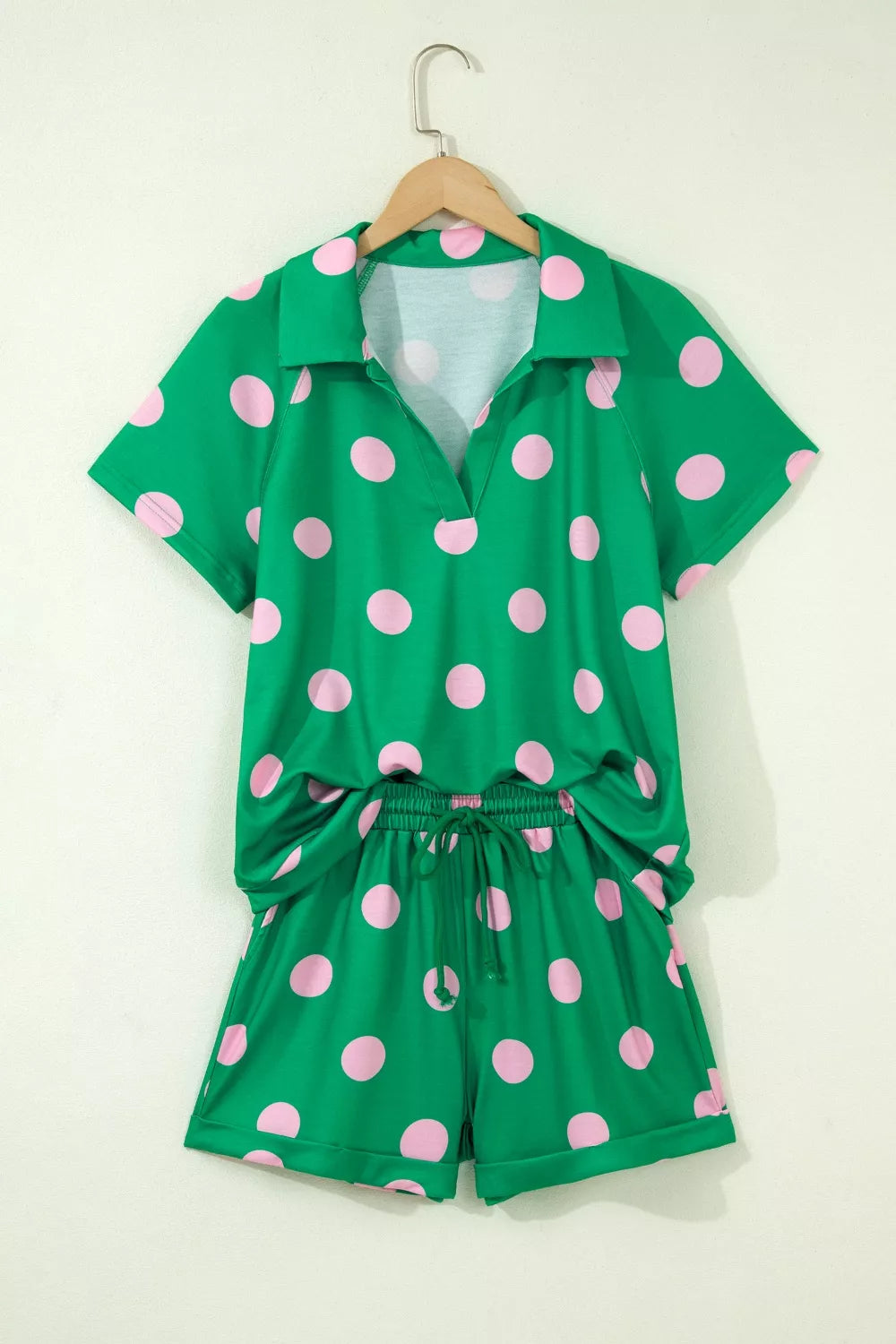 Polka Dot Print V Neck Tee Short Set