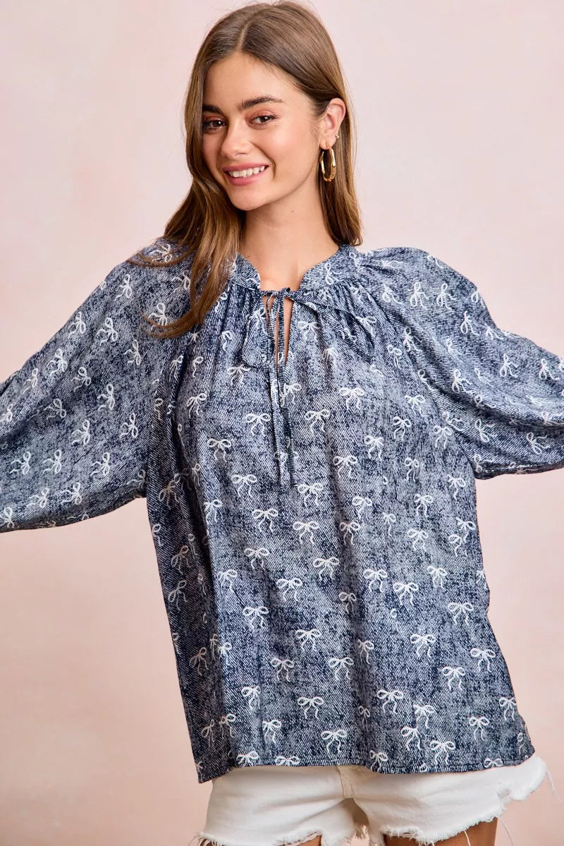 BiBi Ribbon Bow Print Exaggerated Balloon Sleeves Top