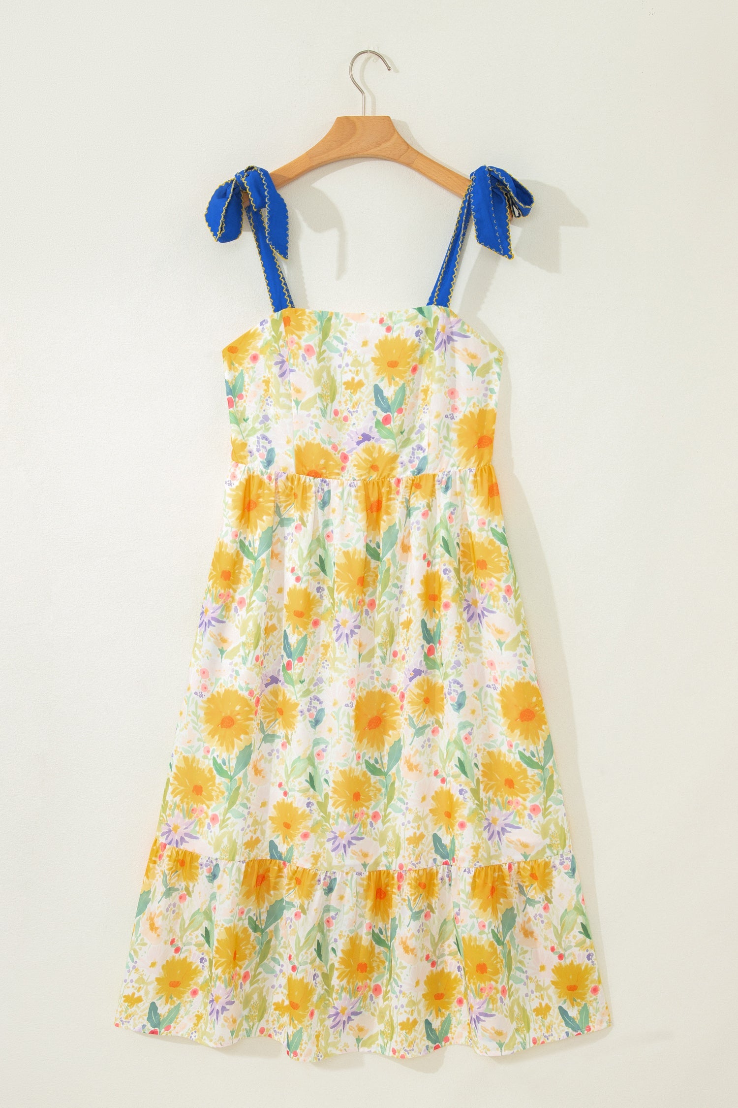 Floral Denim Tie Strap High Waist Maxi Dress