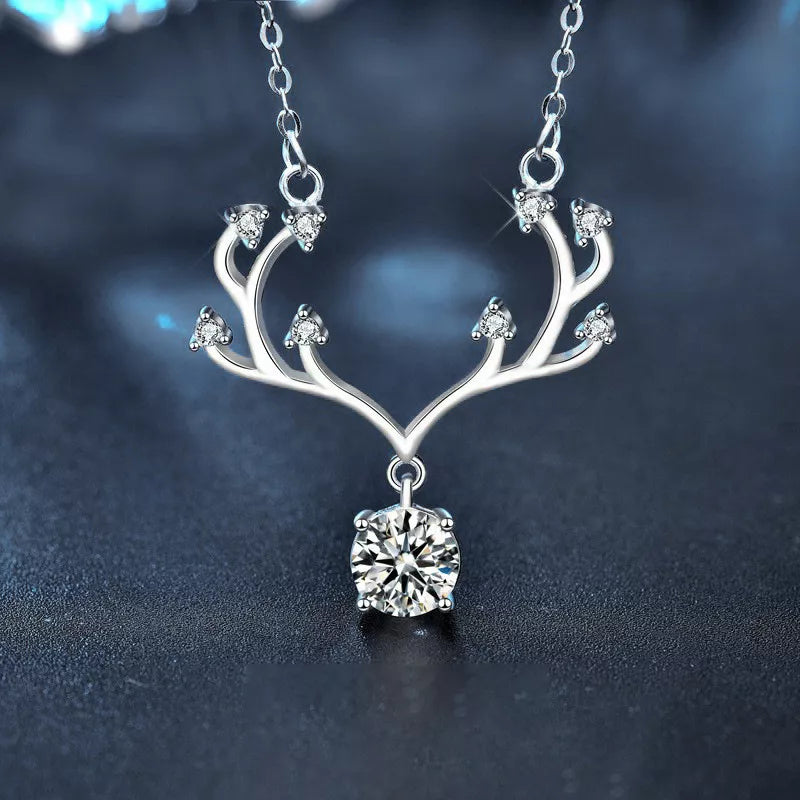 1 Carat Moissanite 925 Sterling Silver Deer Antler Pendant Necklace