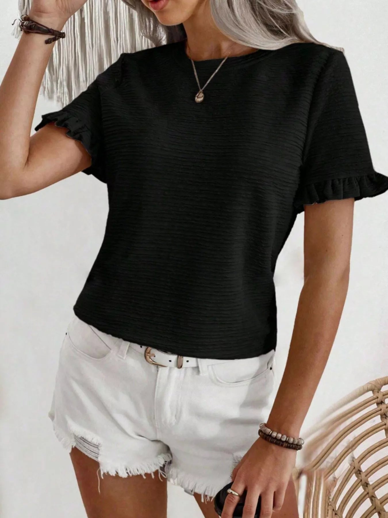 Textured Ruffle Sleeve Round Neck T-Shirt