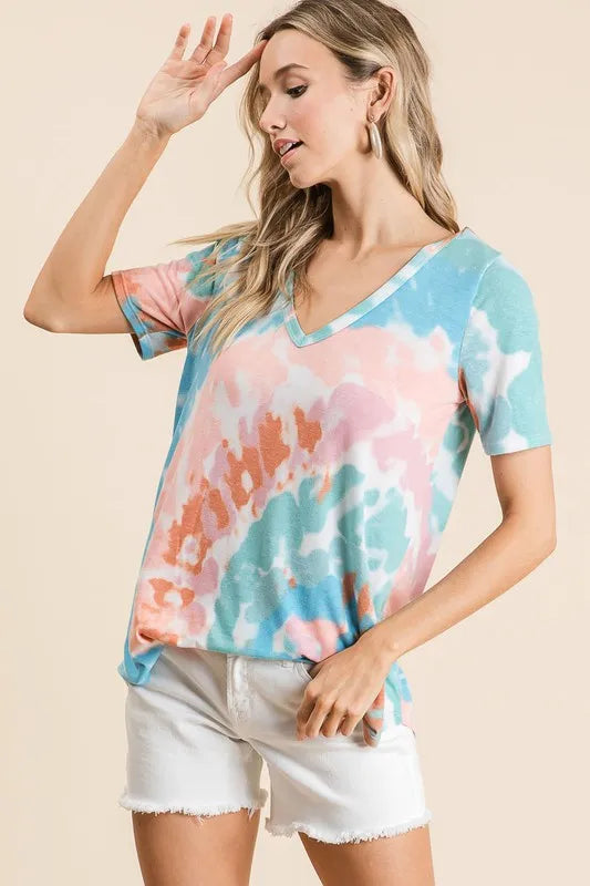 BiBi Circular Tie Dye Print V Neck Top