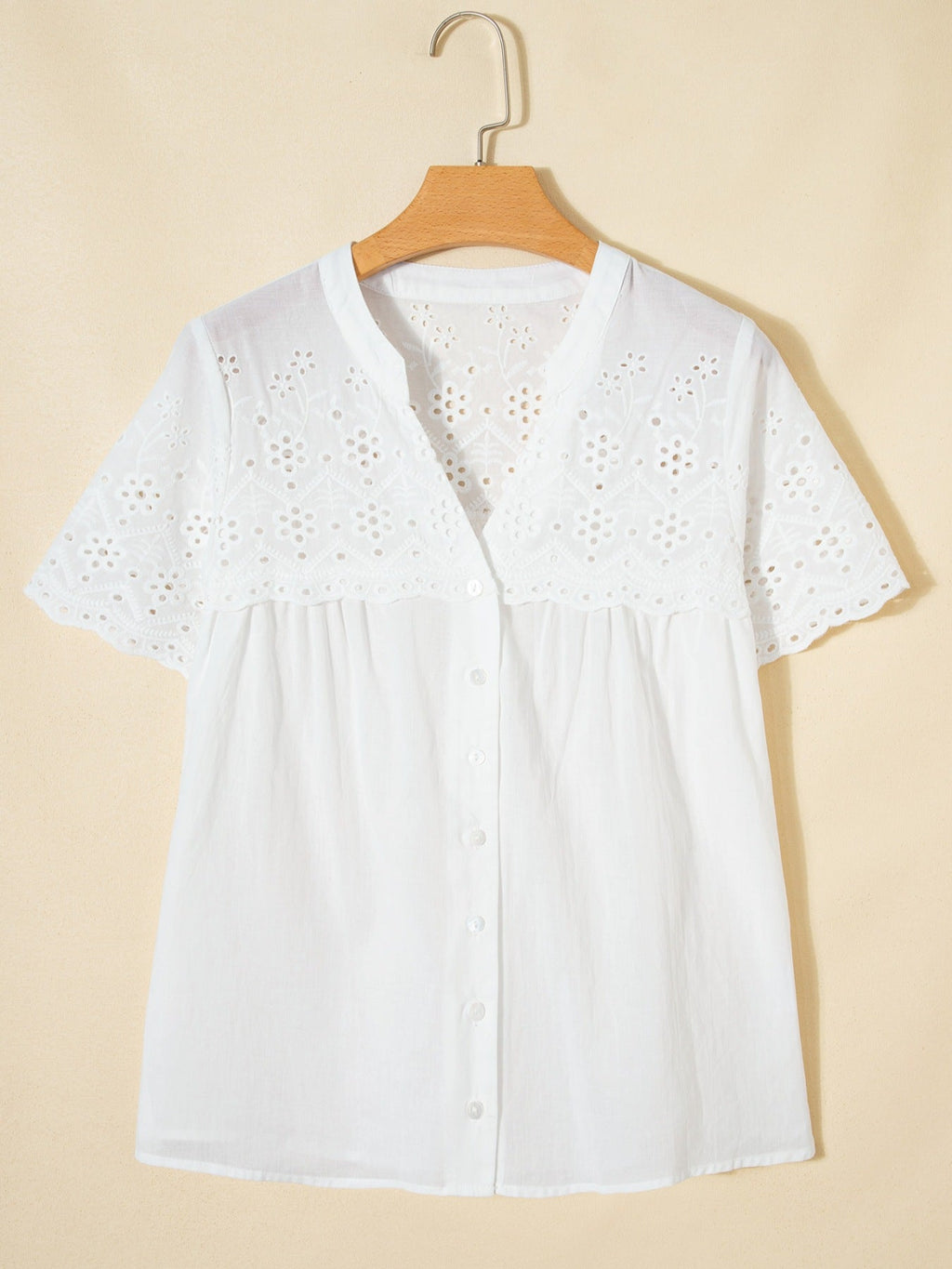 Flower Eyelet Embroidered Patchwork Sheer Short Sleeve Shirt
