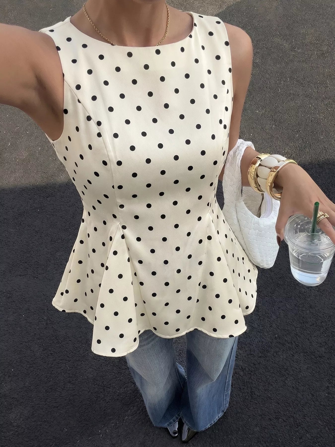 Polka Dot Sleeveless Peplum Blouse