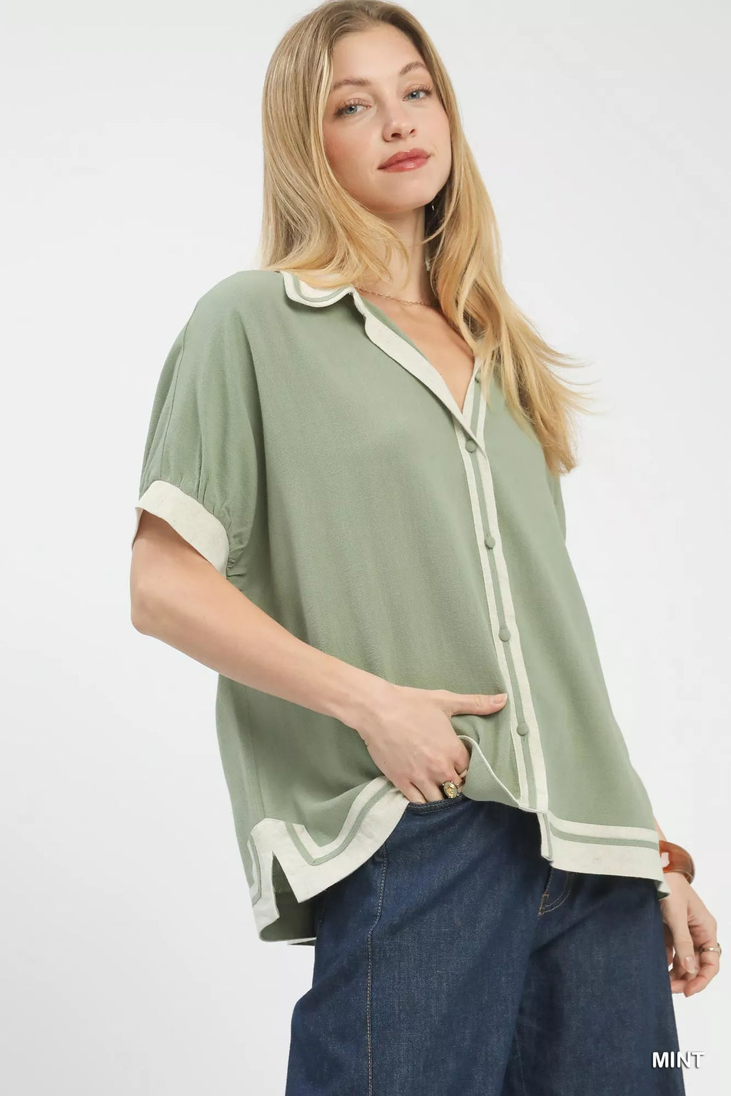 Umgee Linen Button Front Top with Contrast Piping