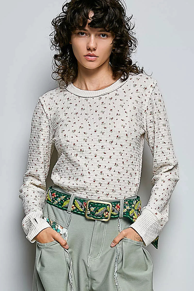 POL Ribbed Knit Floral Crew Neck Long Sleeve Top