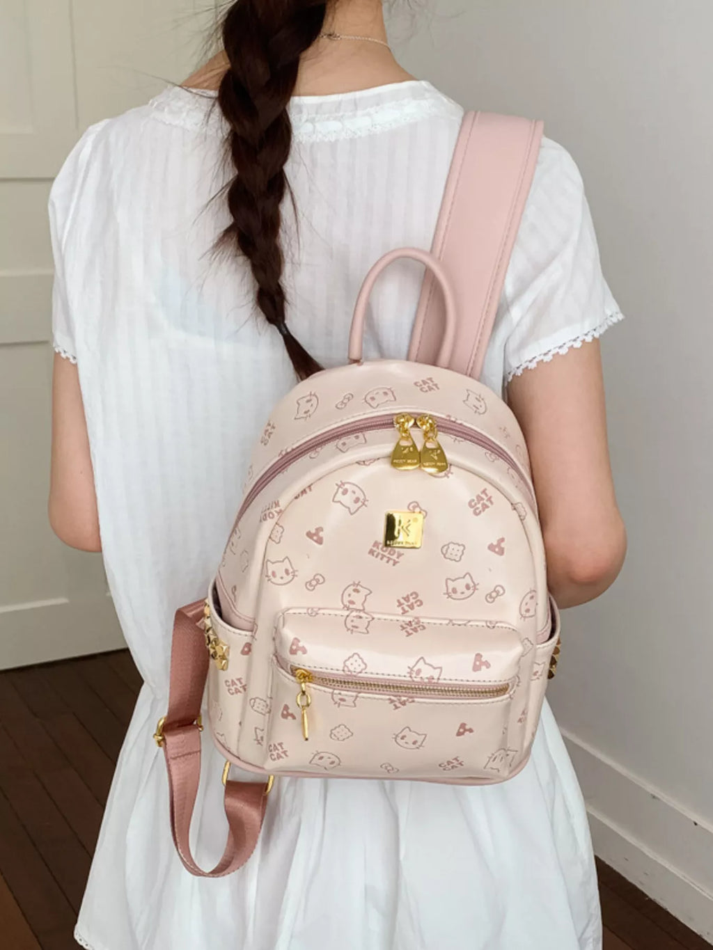 Cartoon Pattern Backpack Bag with Bear Pendant