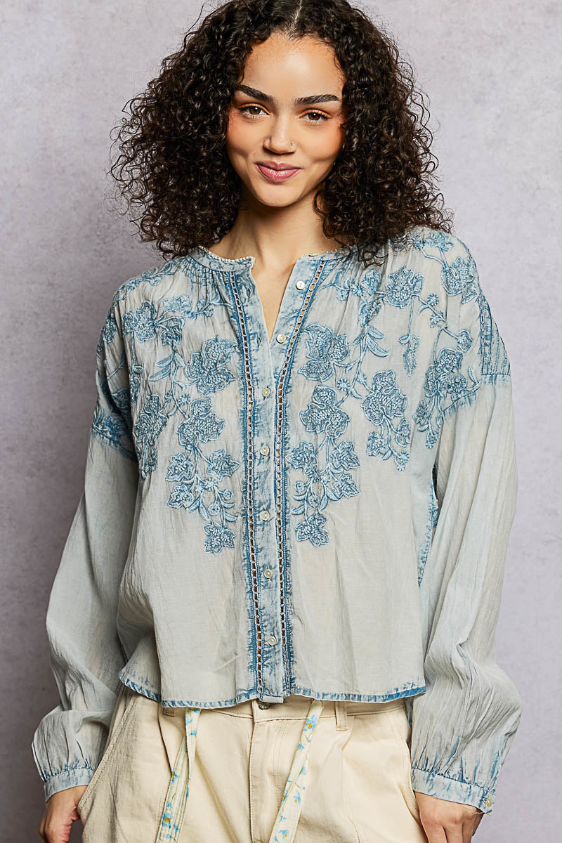 POL Floral Embroidered Button Down Long Sleeve Shirt