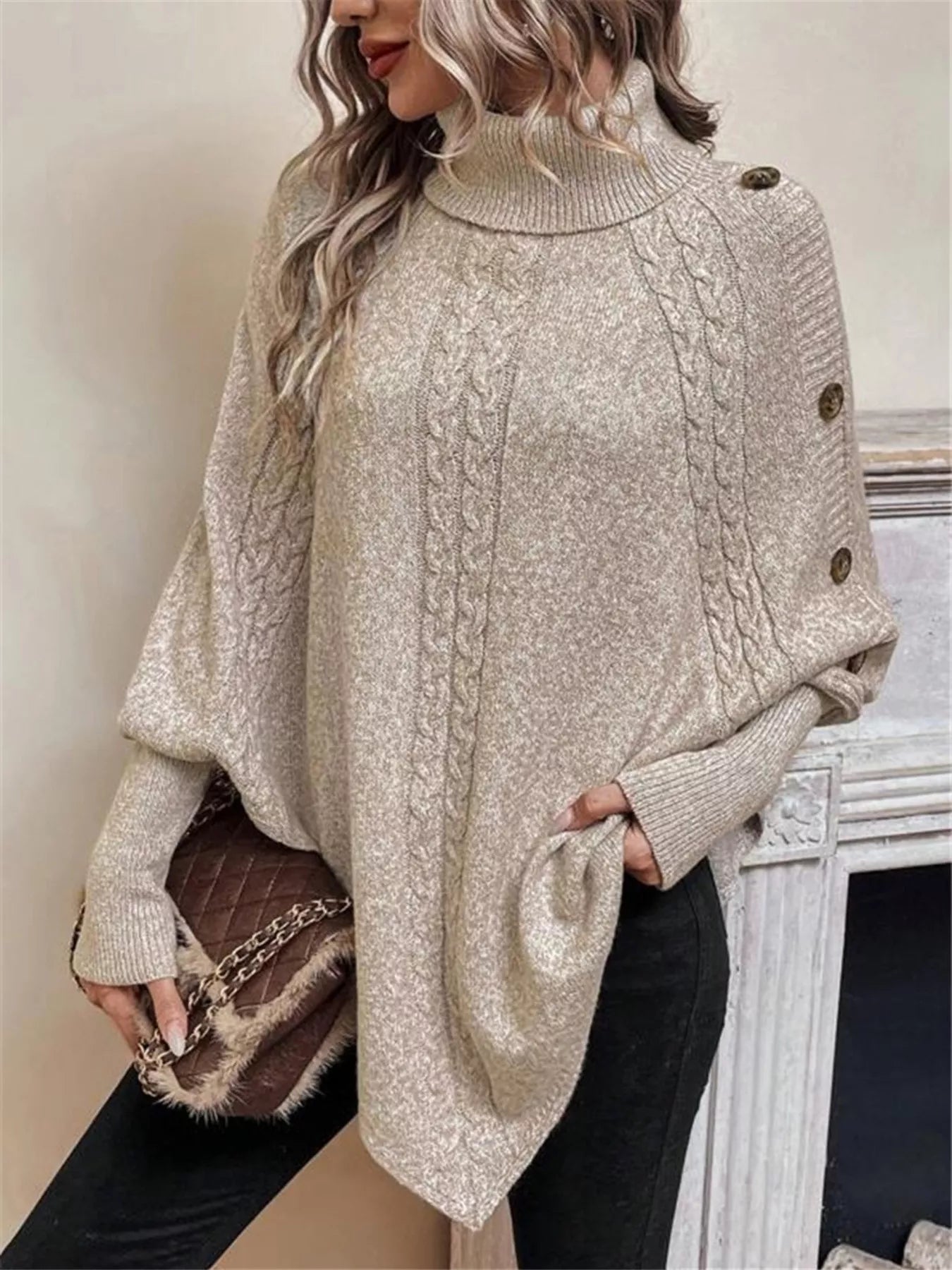 Cable Knit Turtleneck Cape Sweater