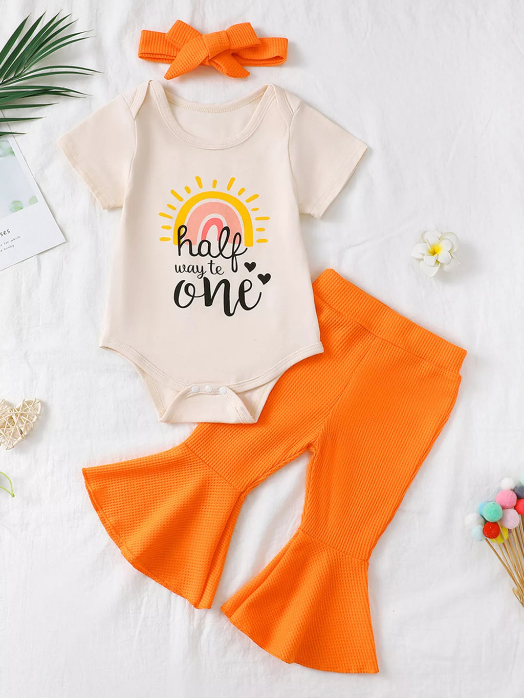 Children's Short Sleeve Bodysuit and Flare Pants Set with Headband