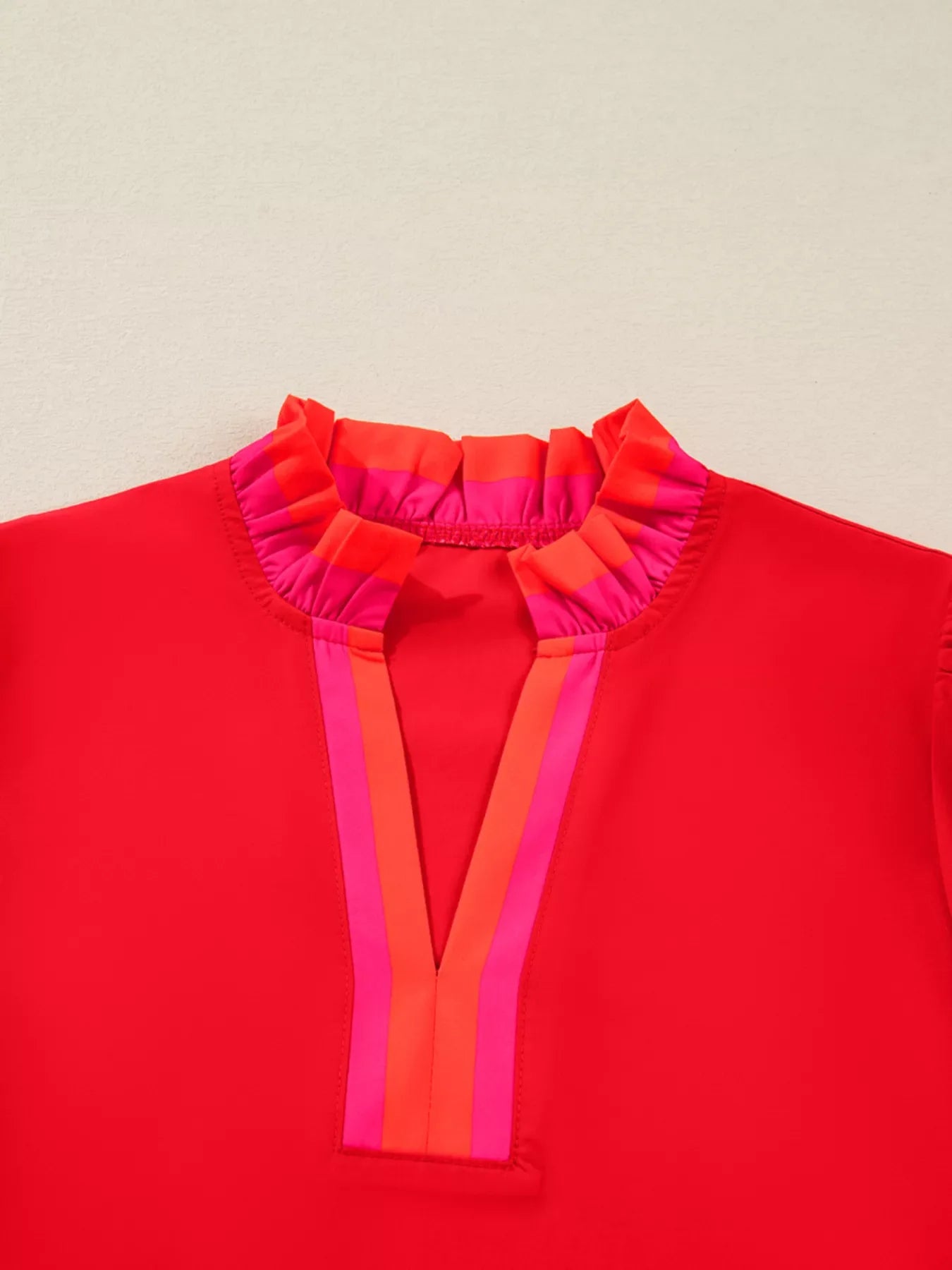 Striped Trim Ruffle Split Neck Long Sleeve Blouse