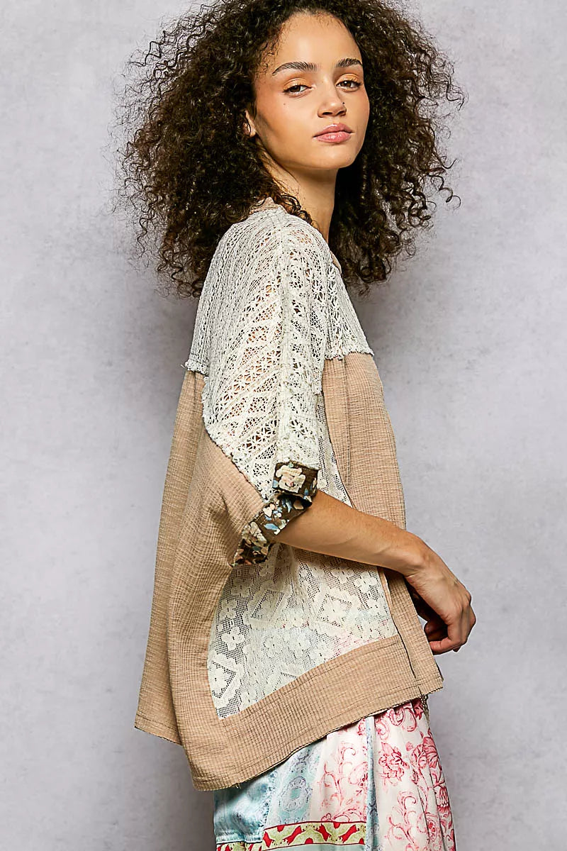 POL Floral Patchwork Lace Accent Blouse