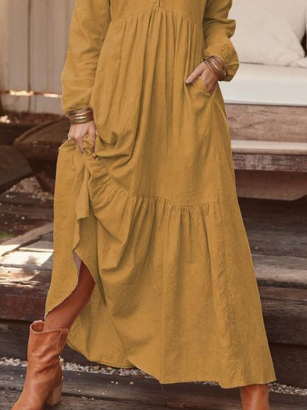 Full Size V-Neck Long Sleeve Tiered Maxi Dress Plus Size