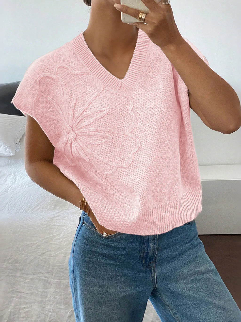 Ribbed Hem V-Neck Short Sleeve Sweater