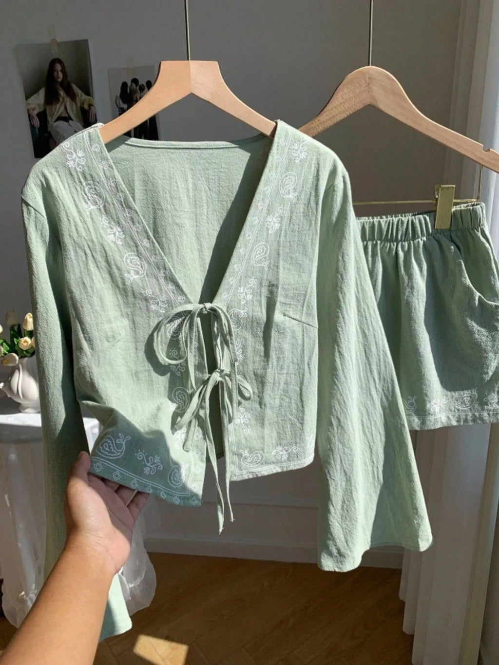 Embroidered Tie-Front Top & Shorts Set