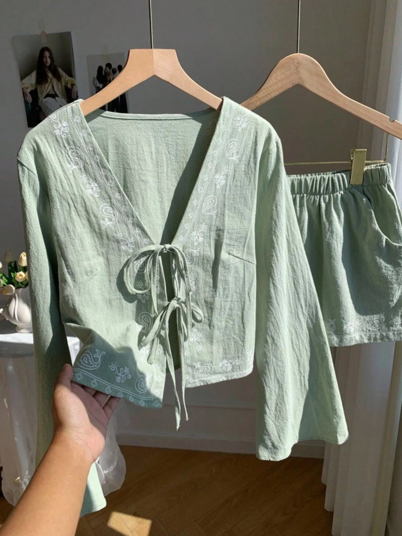 Embroidered Tie-Front Top & Shorts Set
