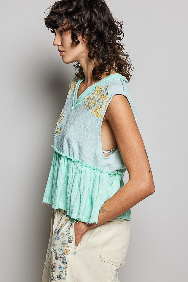 POL Floral Patch Ruffled Sleeveless Top with Raw Edge Detail