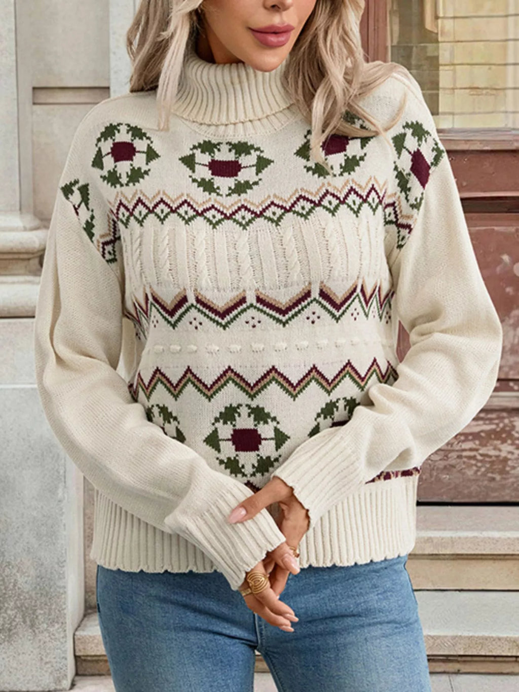 Geometric Turtleneck Long Sleeve Sweater
