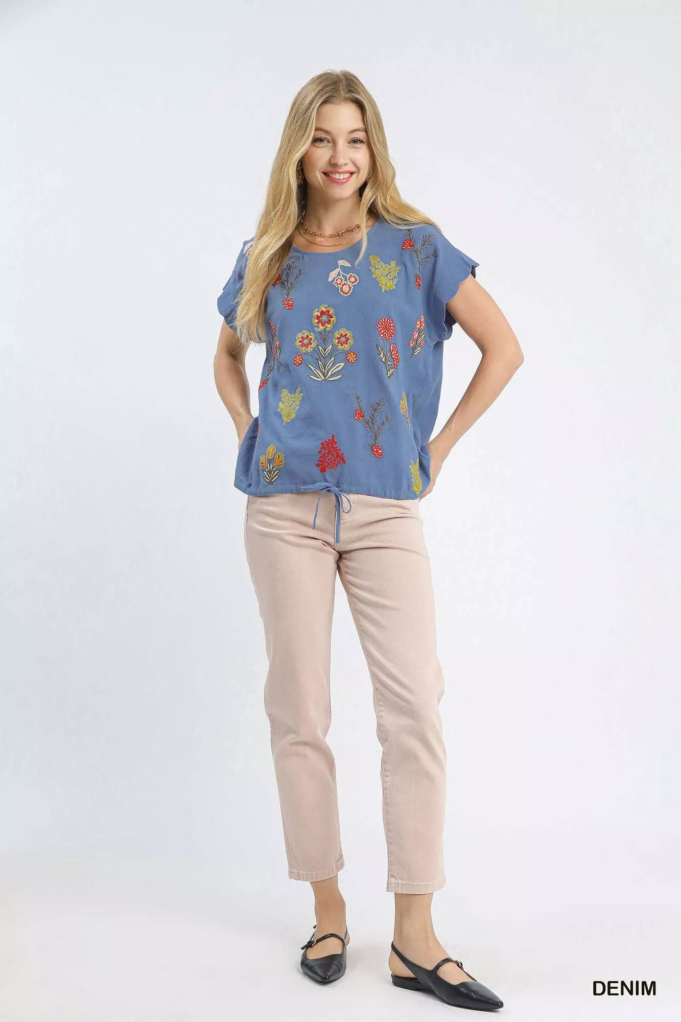 Umgee Embroidered Scallop Sleeve Top with Drawstring Hem
