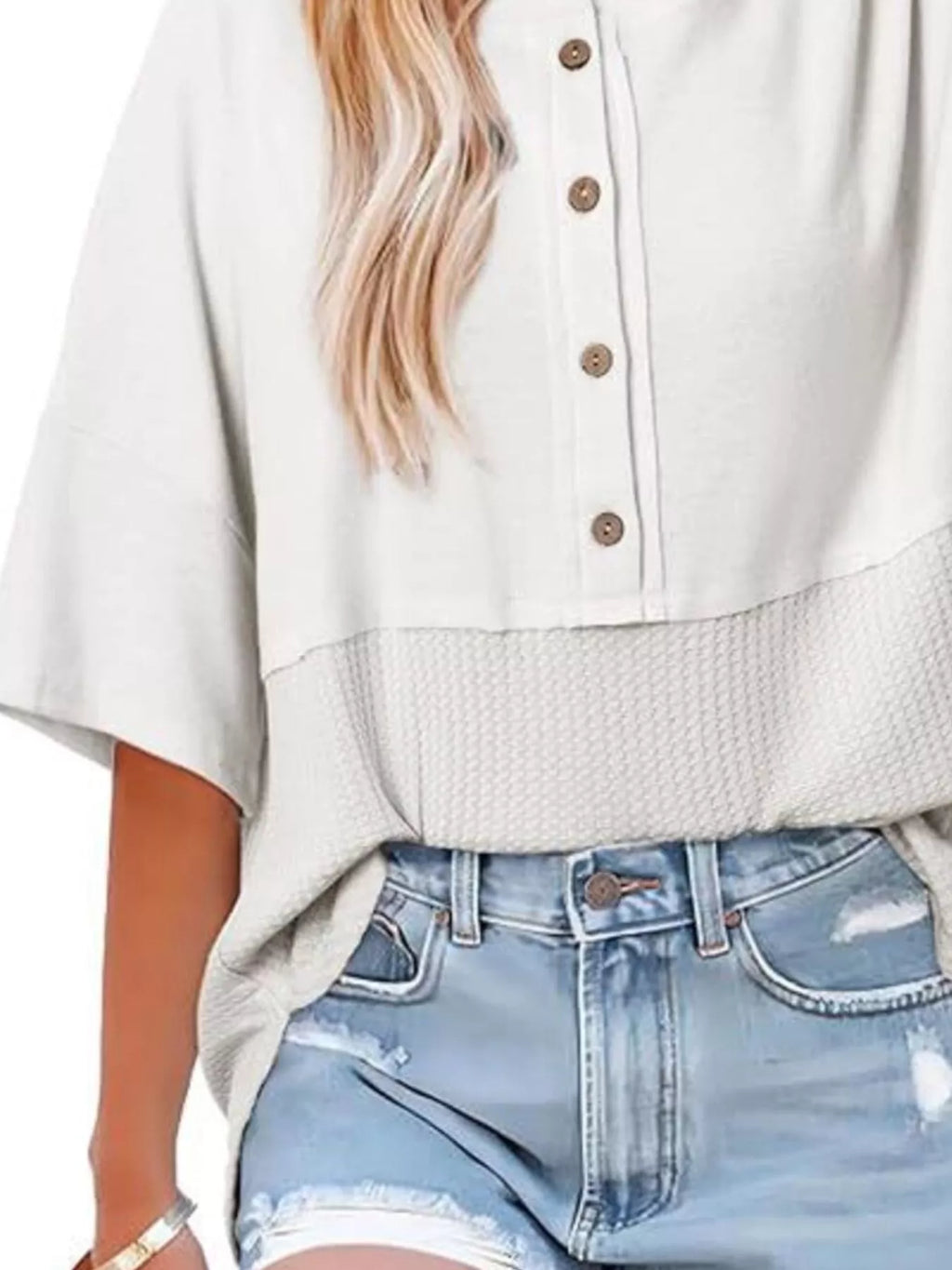Button Detail Texture Knit T-Shirt