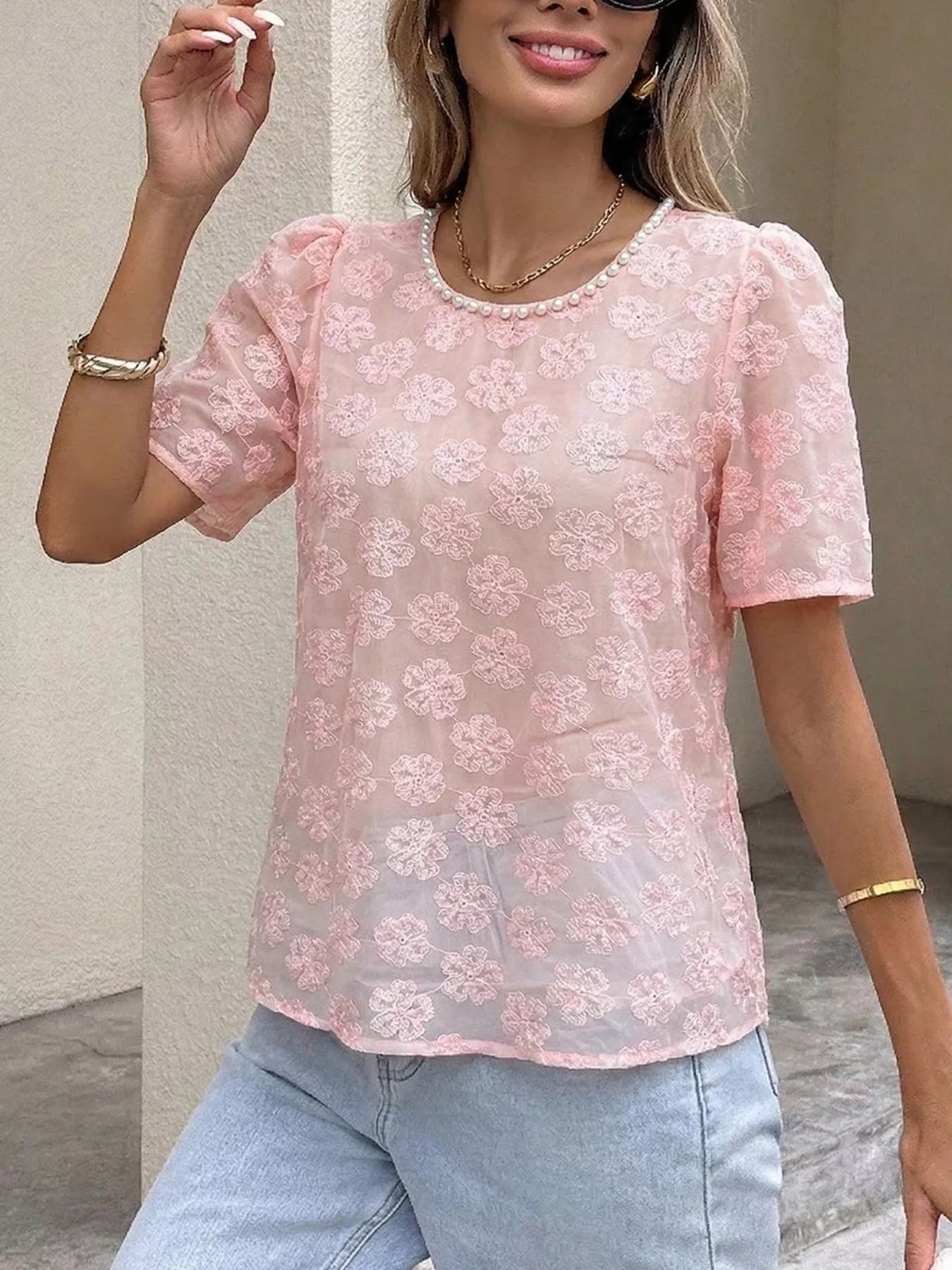 Floral Embroidered Pearl Trim Blouse