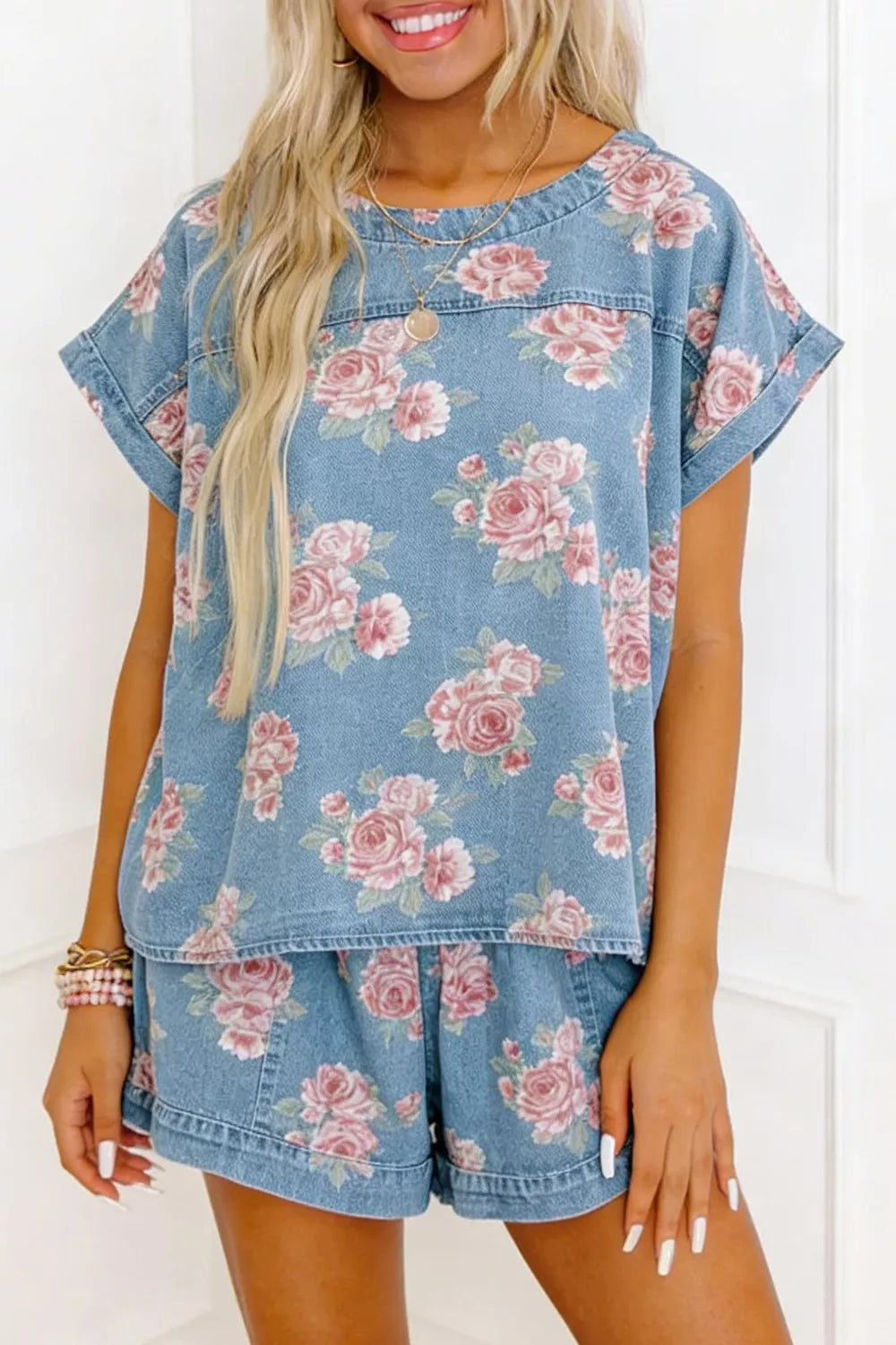 Floral Print Top and Shorts Denim Set