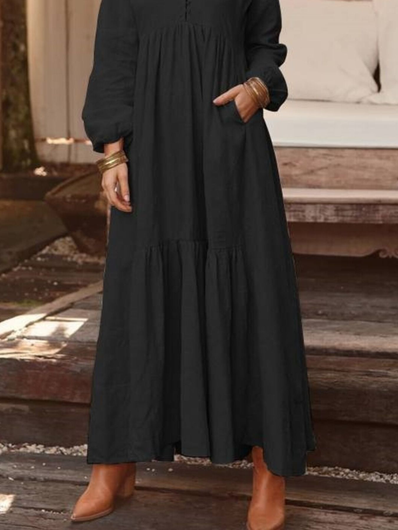 Full Size V-Neck Long Sleeve Tiered Maxi Dress Plus Size