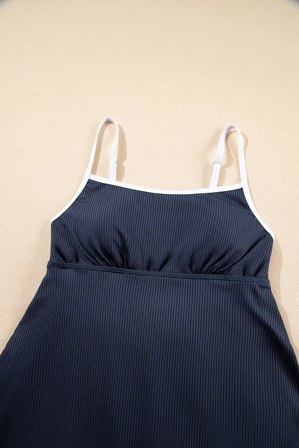 Contrast Trim Ribbed Lined Swim Dress w/ Pockets