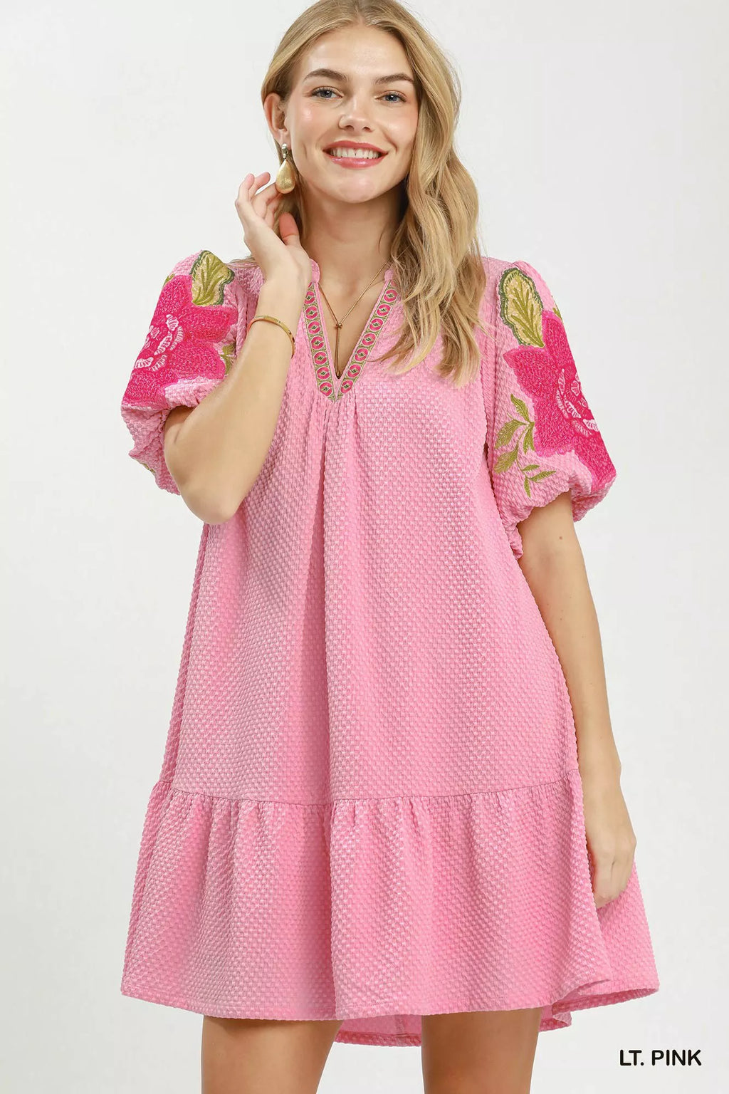 Umgee Floral Embroidered Textured Jacquard Dress