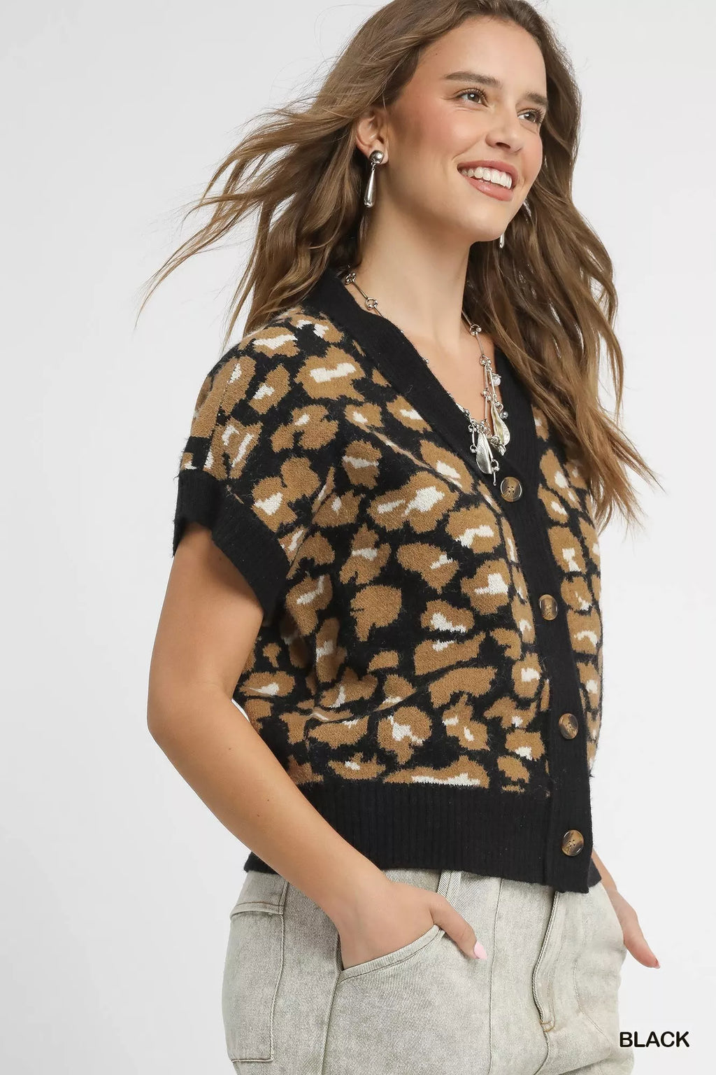 Umgee Leopard Button Down Short Sleeve Cardigan