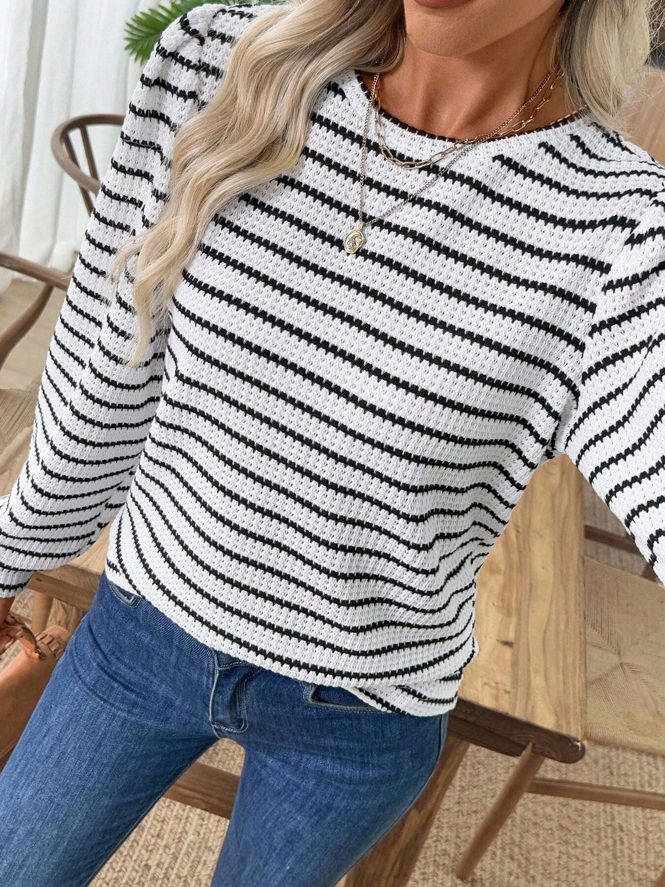 Striped Long Sleeve Texture Knit T-Shirt