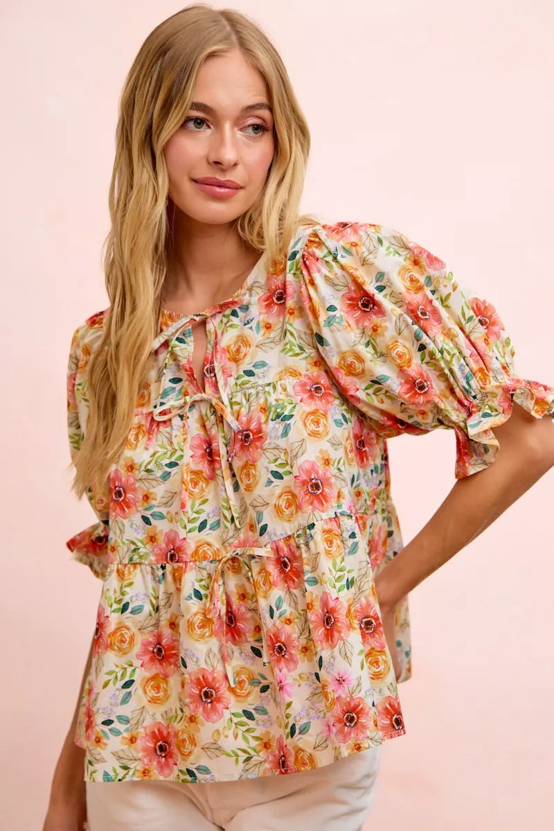 BiBi Flower Printed Shirring Detail Blouse Top