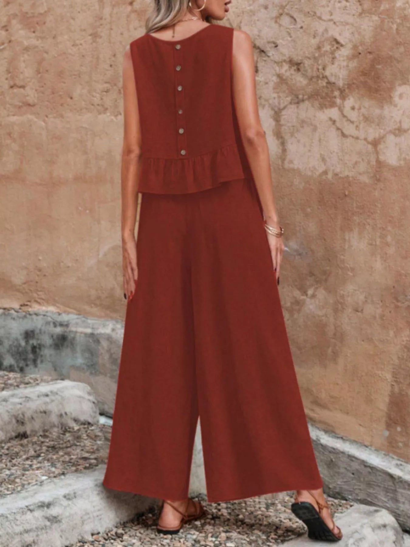 Sleeveless Ruffle Hem Top and Wide Leg Pants Two-Piece Set