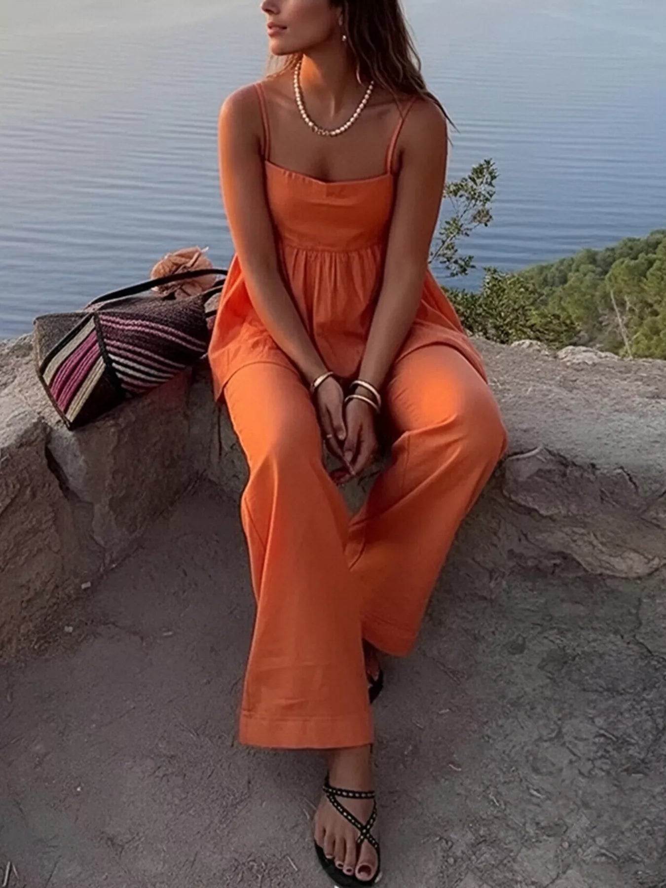 Square Neck Cami and Wide Leg Pants Set