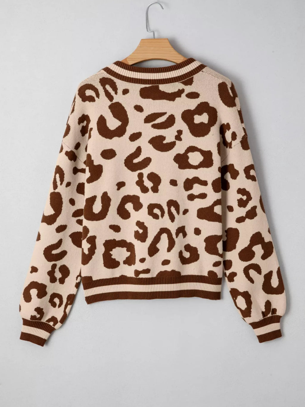 Leopard Knit Notched Casual Sweater