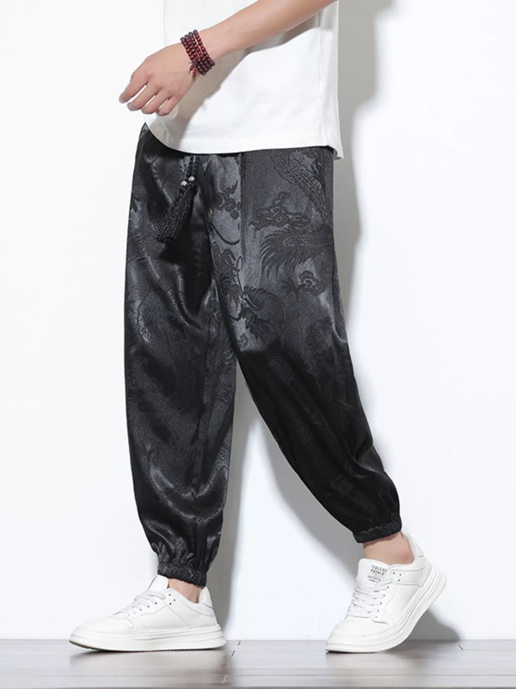 Men's Plus Size Dragon Pattern Silk Joggers