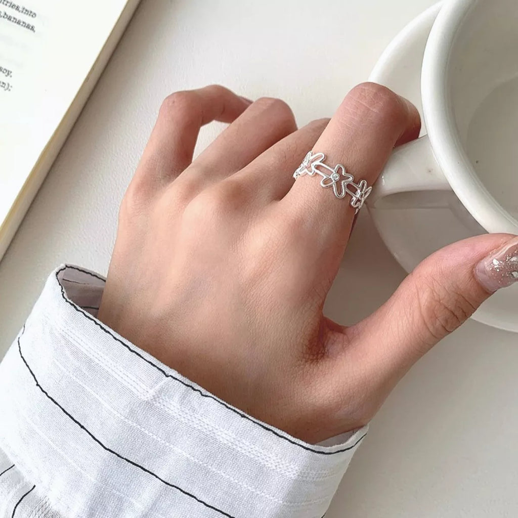 925 Sterling Silver Flower Open Ring