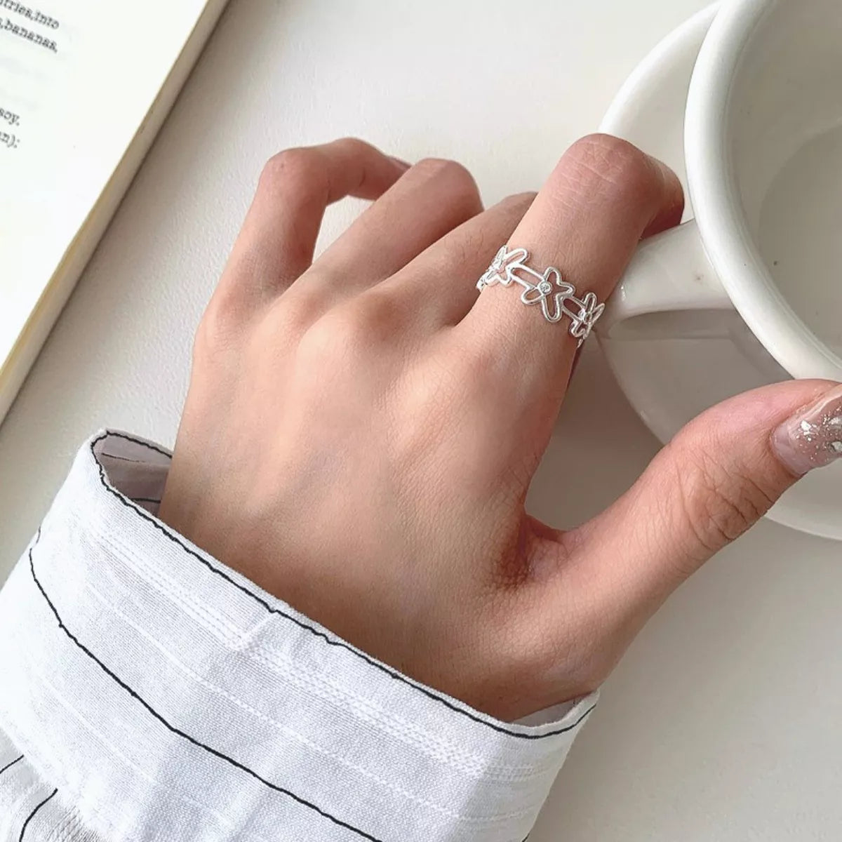 925 Sterling Silver Flower Open Ring