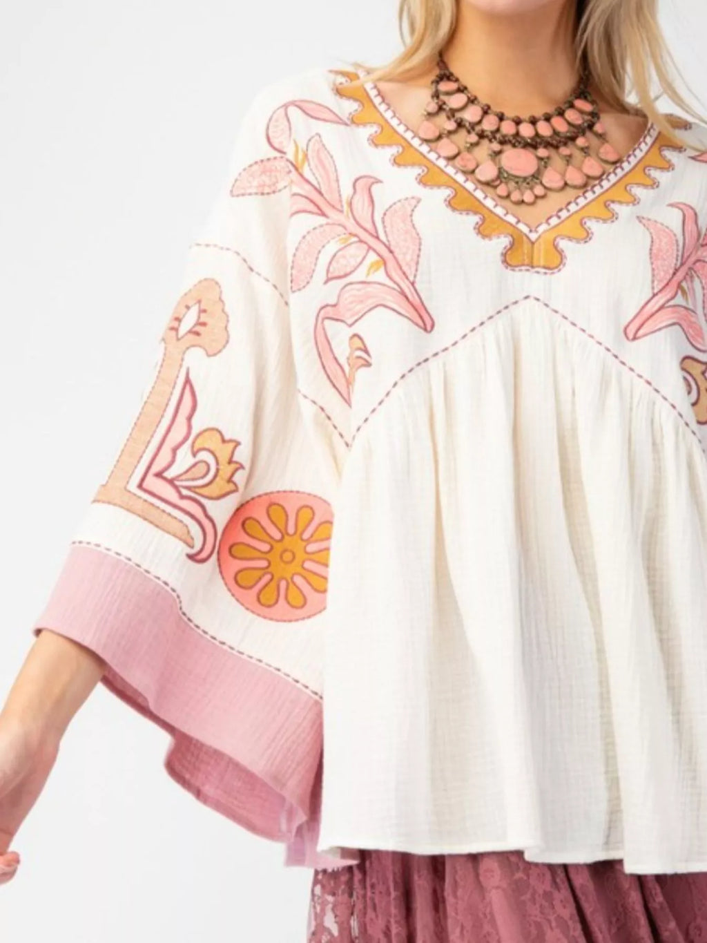 Printed V-Neck Top with Contrast Trim Details
